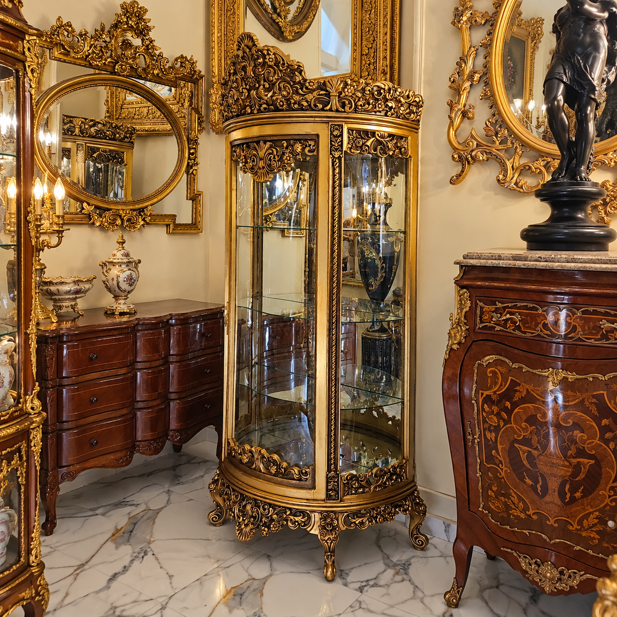 The Gilded Gallery – French Rococo Glass Vitrine with Gold Leaf Ornamentation, Four Display Shelves & Key