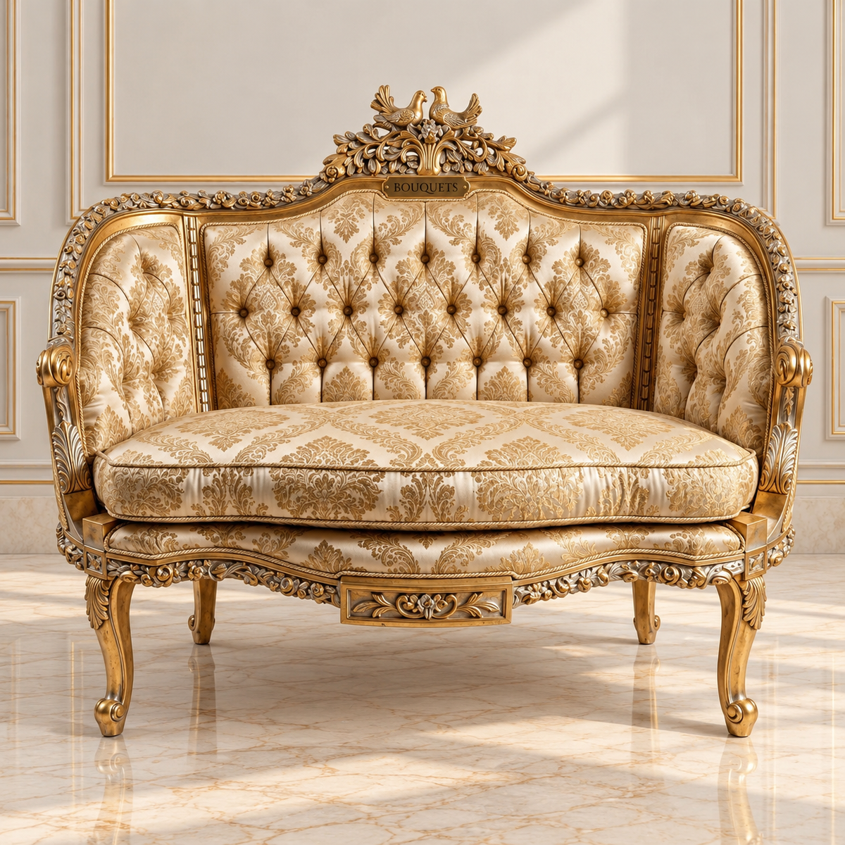 French-Style Tufted Sofa – Gold Leaf Carved Frame, Damask Upholstery & Ornate Floral Details