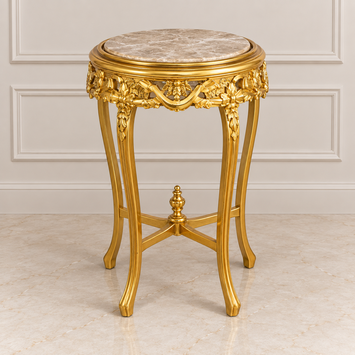 Italian-Style Accent Table – Marble Top with Ornate Gold Accents & Elegant Details