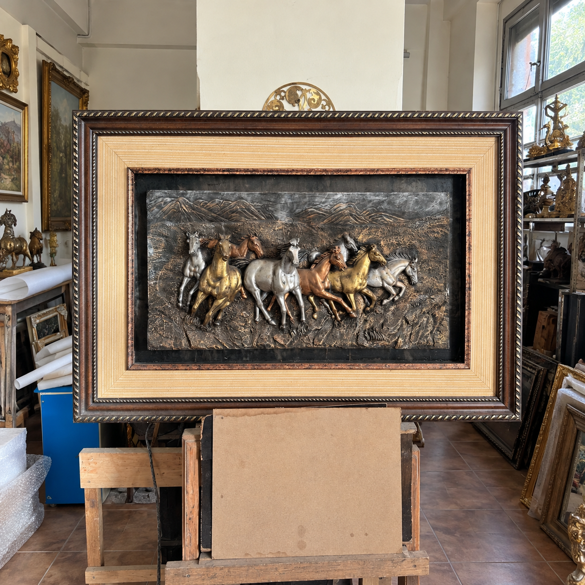 Sculpted Horse Wall Art – Galloping Horses in a Mountain Landscape with Silver, Bronze & Gold Leaf Details