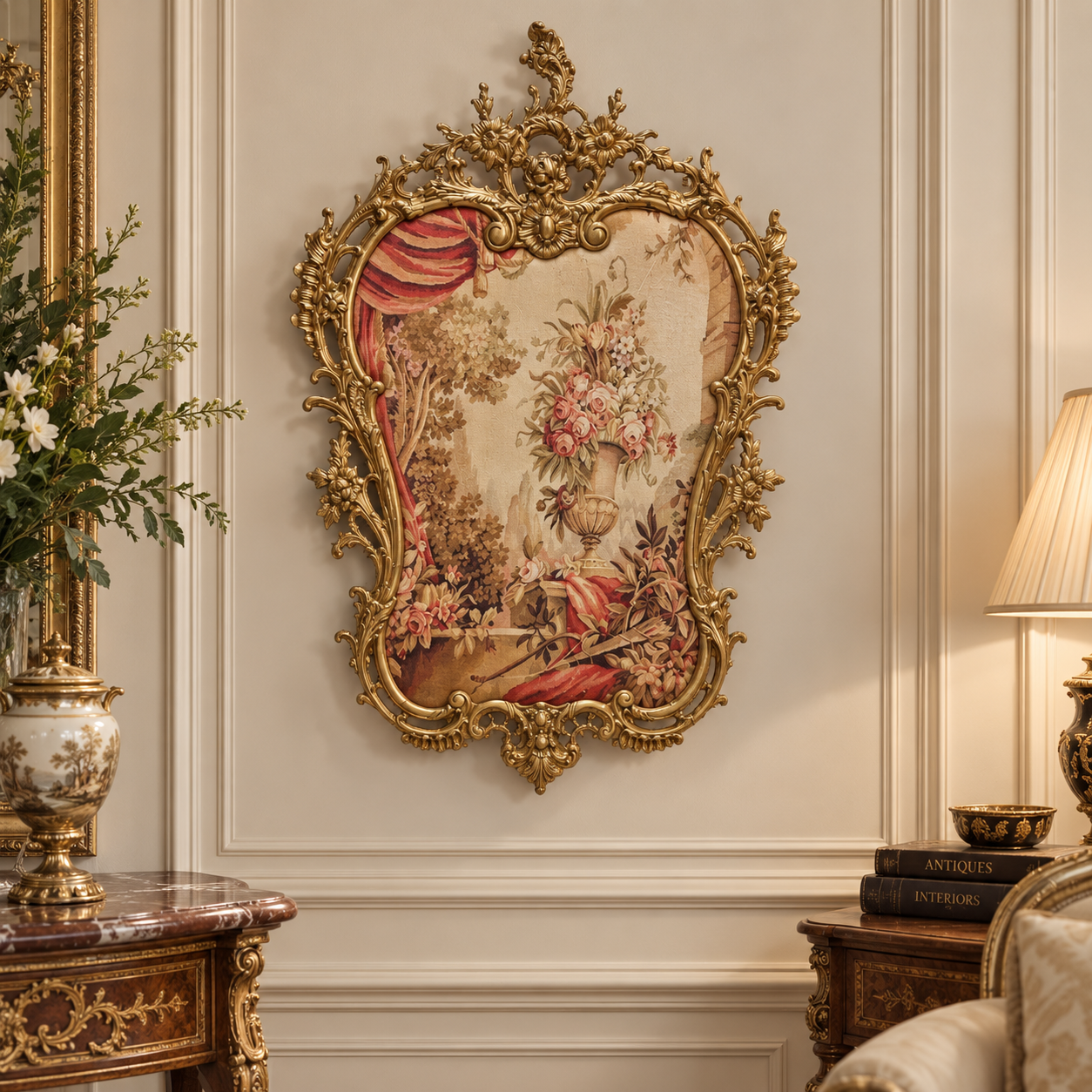 French Rococo Style Tapestry Wall Panel – Ornate Gold Leaf Frame with Floral & Scenic Textile Artwork