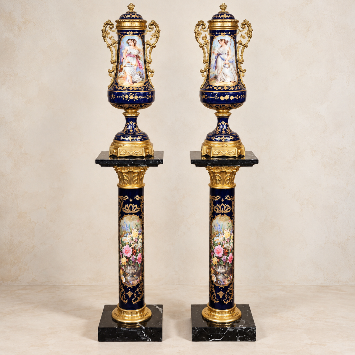 French-Style Black Porcelain Vase & Pedestal – Gold Leaf, Bronze & Hand-Painted Decorative Details