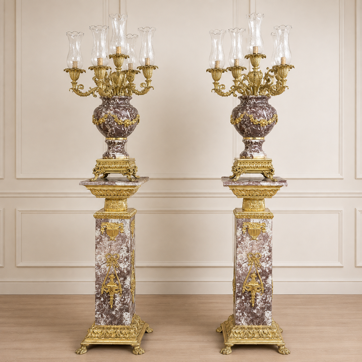 Baroque Burgundy Pedestal Pair with Candelabra Vases – Ornate Gold Leaf & Bronze Accent Display Set