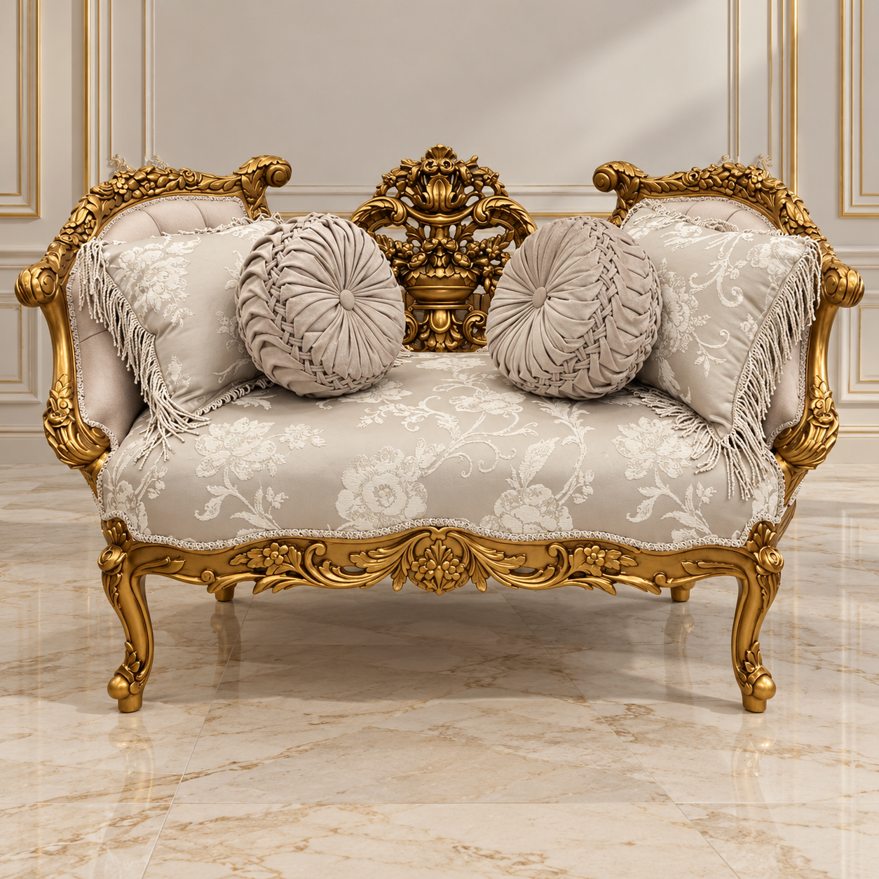 Luxury French Louis XV Style Settee – Ornate Gold Leaf Frame with Ivory Floral Damask Upholstery