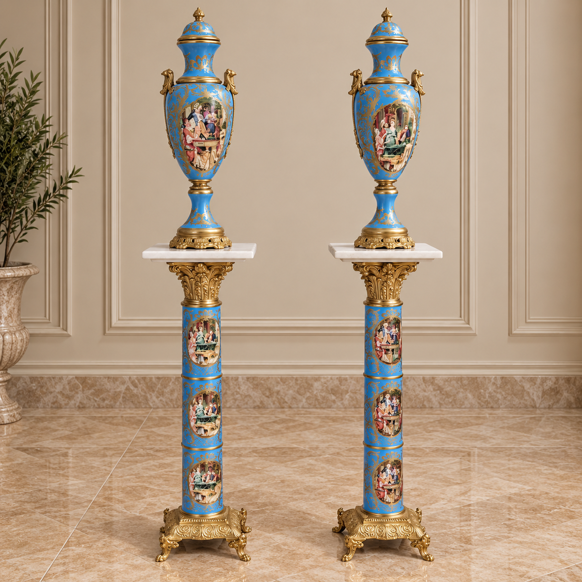 French-Style Blue & Peach Porcelain Vase – Romantic Scenic Artwork with Ornate Gold Accents