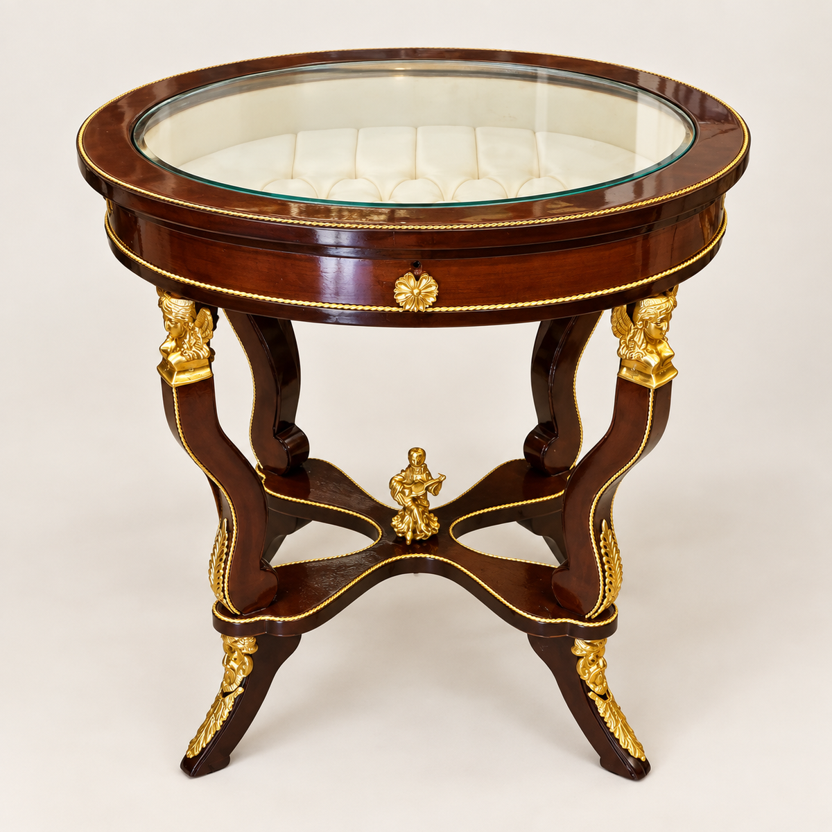 French-Style Oval Side Table – Glass Top, Rich Wood Finish & Ornate Gold Leaf Details