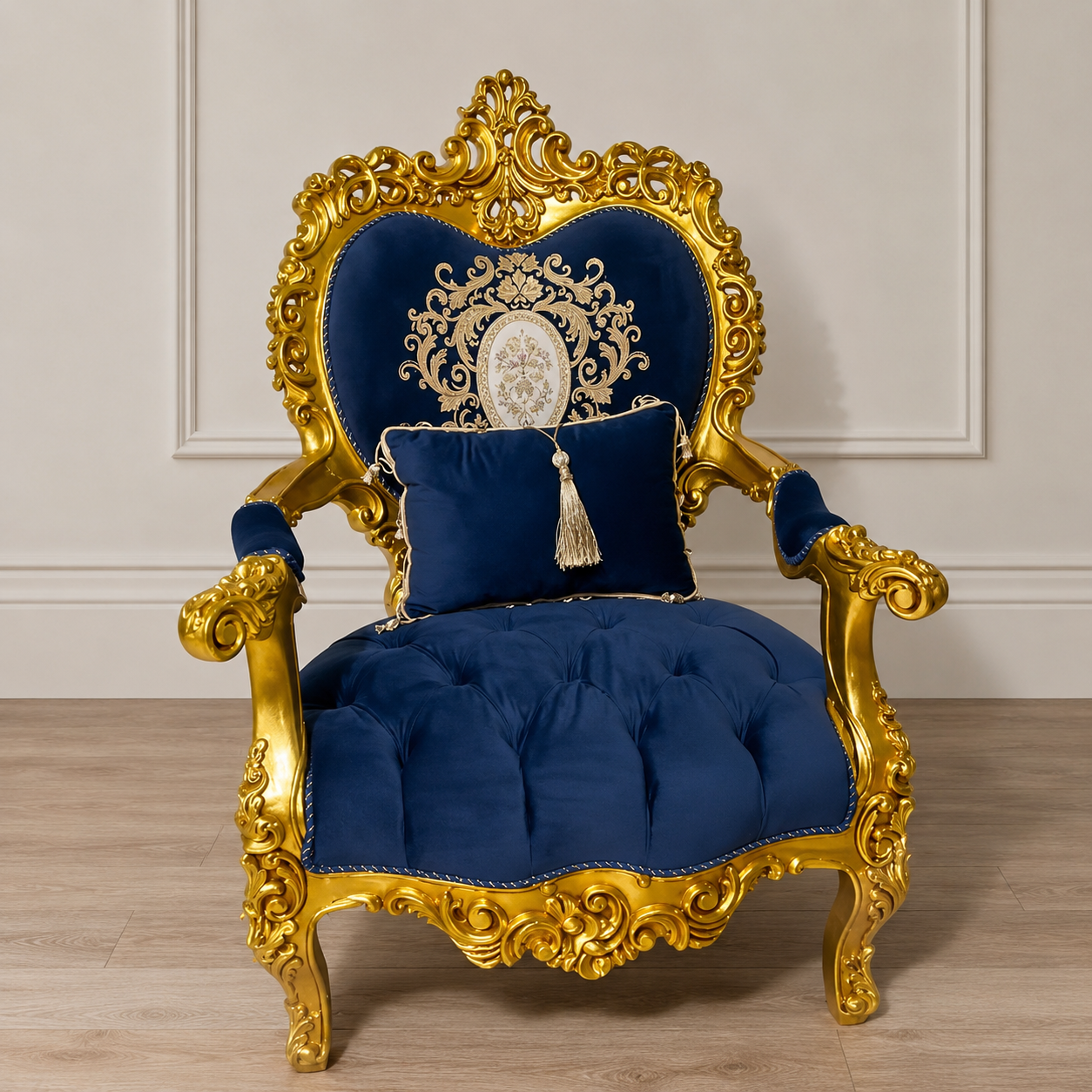 Regal French Rococo Blue Velvet Armchair – Tufted Accent Chair with Ornate Gold Leaf Frame