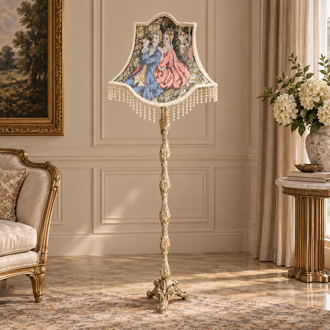 French-Style Gilded Floor Lamp – Scenic Tapestry Shade with Crystal Fringe & Ornate Gold Leaf Stand