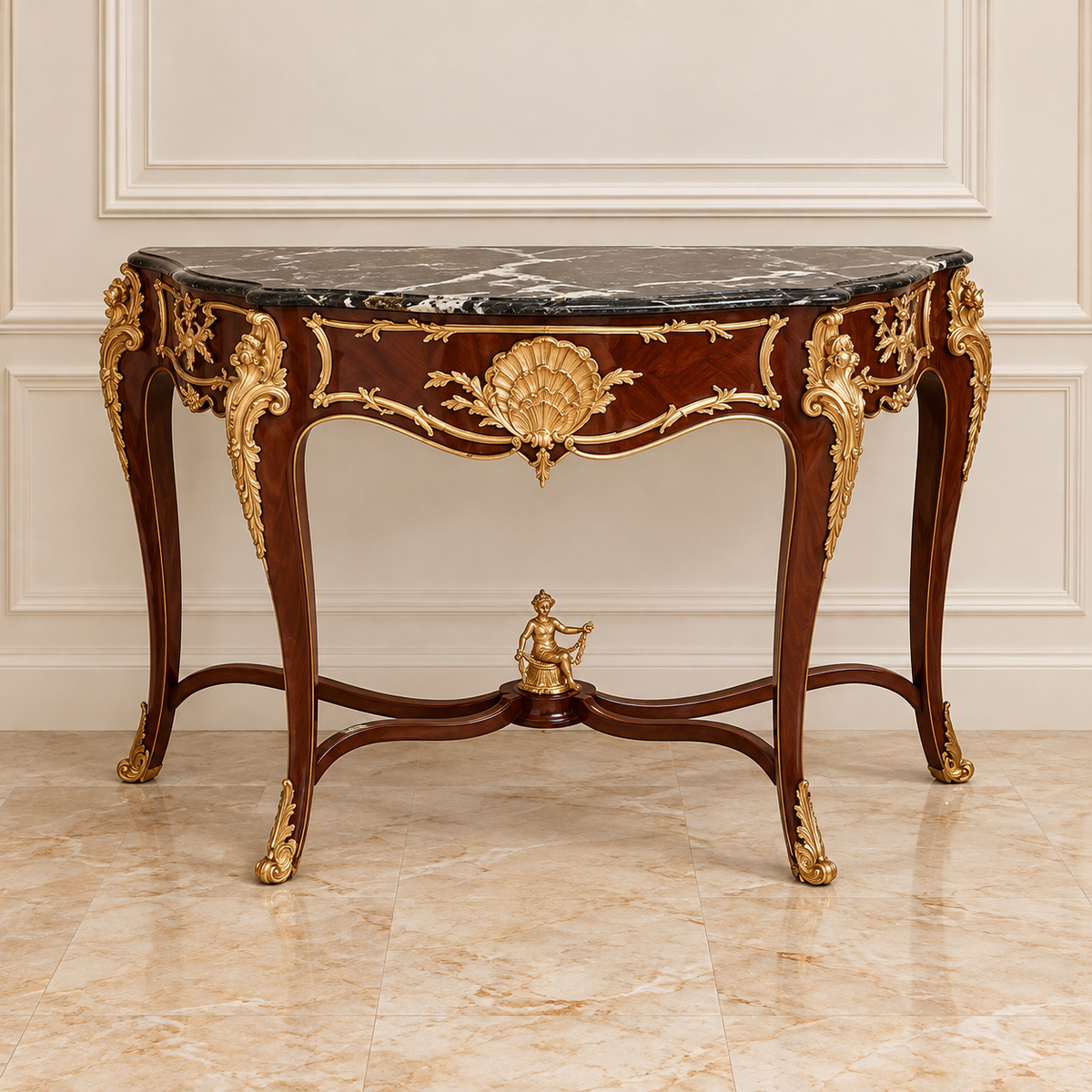 French Louis XV Style Console Table – Marble Top, Rich Wood & Ornate Gold Leaf Details