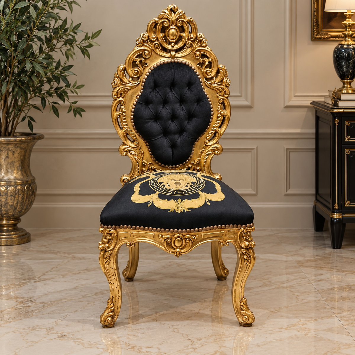 Regal French Baroque Style Accent Chair – Gold Leaf Carved Frame with Black Tufted Upholstery & Medallion Detail