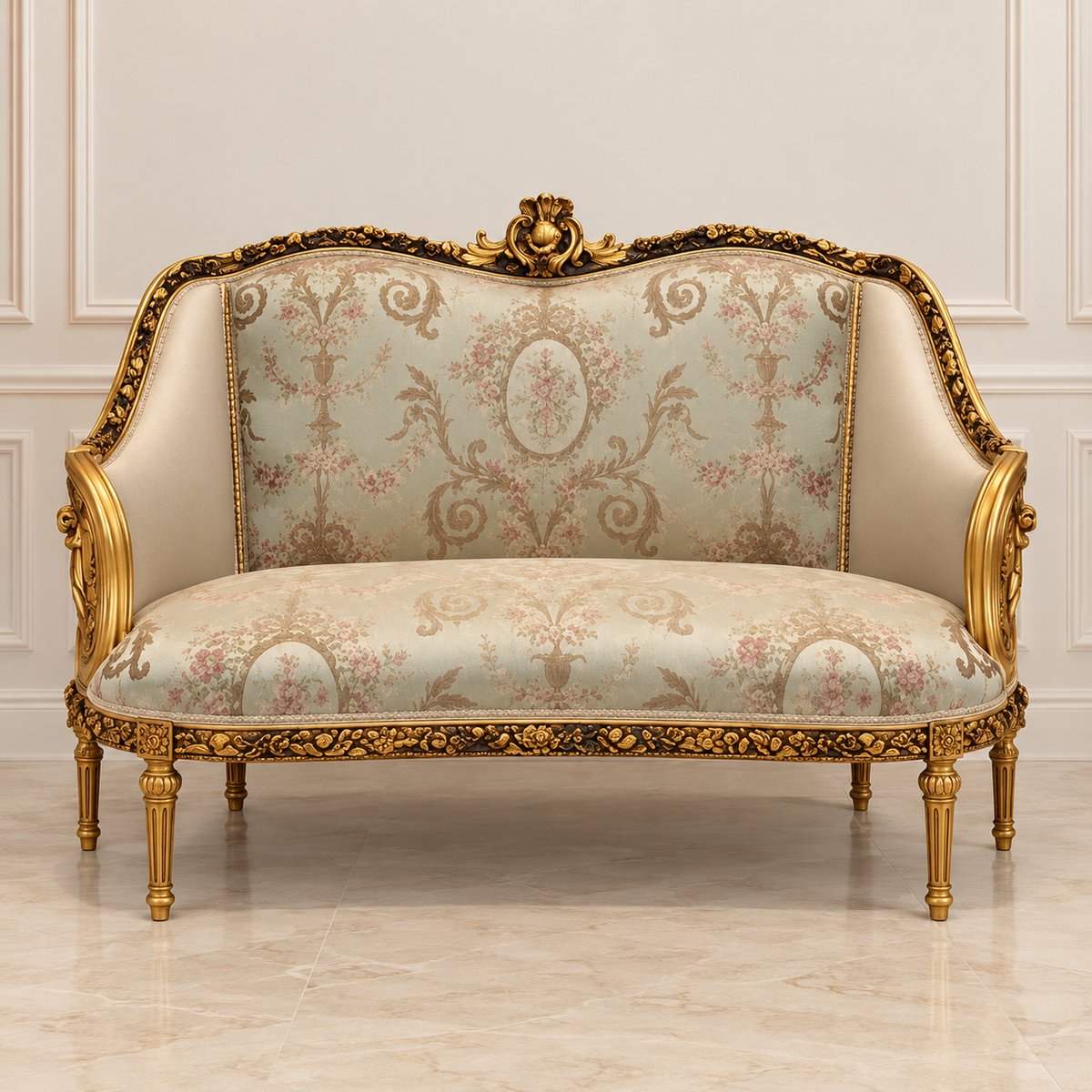 French Louis XVI-Inspired Sofa – Gilded Carved Frame with Floral Upholstery