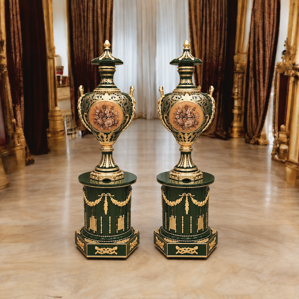 French Louis XVI Style Porcelain Vases with Pedestals – Emerald Green, Gold Leaf & Bronze Decorative Set