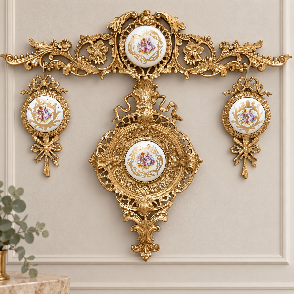 French-Style Gold Leaf & Porcelain Wall Decor Set – 4-Piece Ornate Floral Medallion Collection