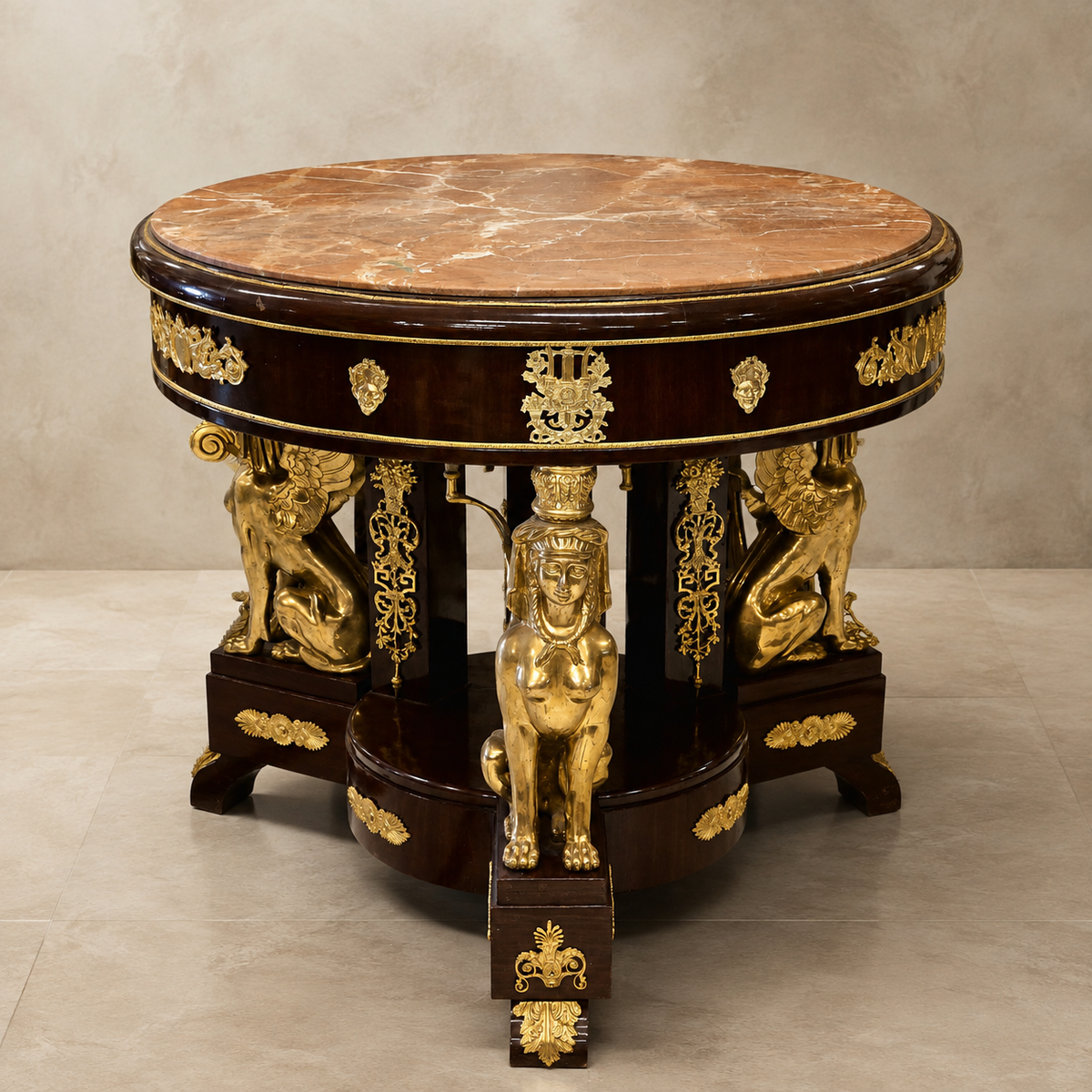 Grand Italian Neoclassical Center Table – Hand-Carved Wood, Marble Top, Gold Leaf & Bronze Sphinx Details