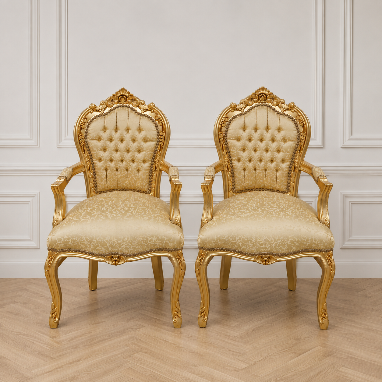 French Louis XV Style Gold Leaf Tufted Armchair – Cream Upholstered Accent Chair