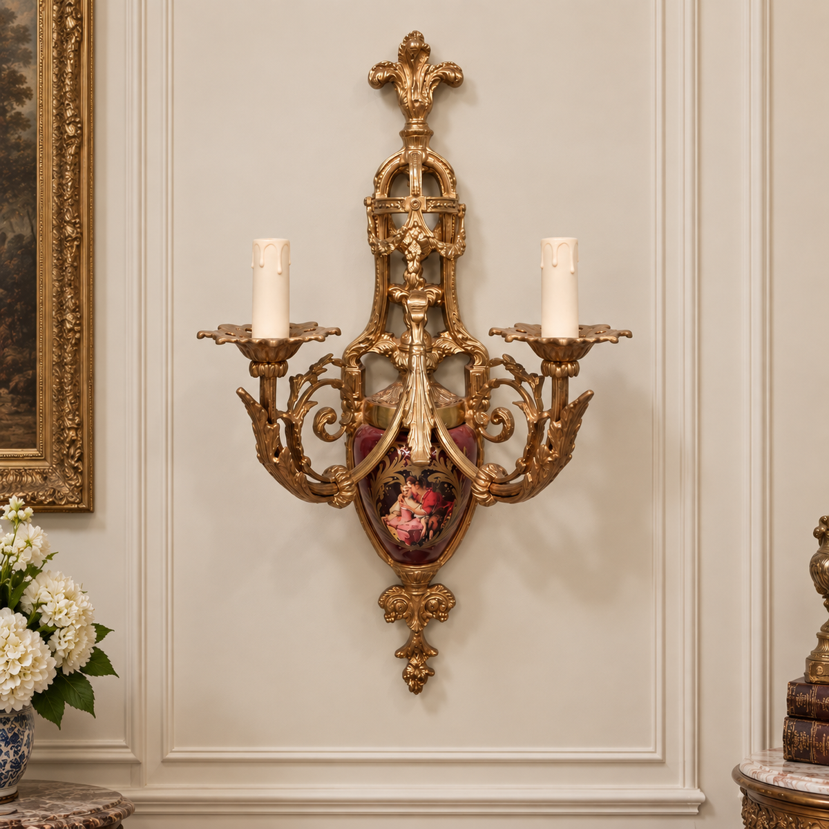 Elegant French Bronze and Gilded Wall Sconce with Ornate Foliate Scrollwork and Floral Decorative Plaque