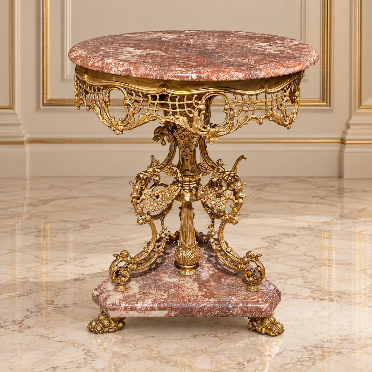 French Rococo-Style Accent Table – Coral Marble Top with Ornate Bronze & Gold Details