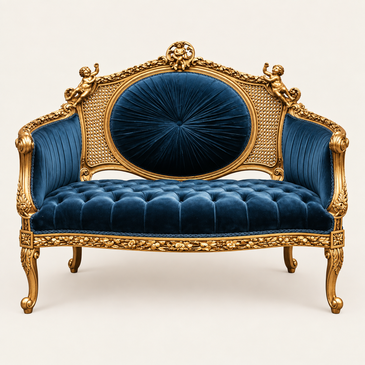 French-Style Bottle Green Velvet Settee – Tufted Upholstery, Cane Back & Ornate Gold Leaf Frame