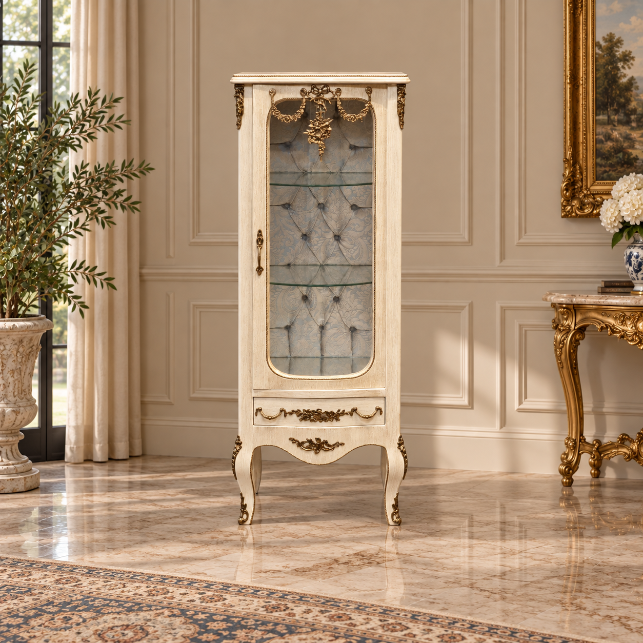 French Louis XV Style White Display Vitrine – Silver Leaf Details, Tufted Interior & Glass Shelves