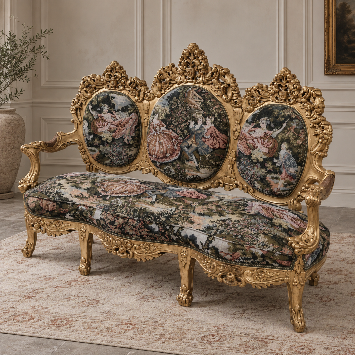 Opulent French Rococo Settee – Gilded Carved Frame with Three Scenic Tapestry Panels