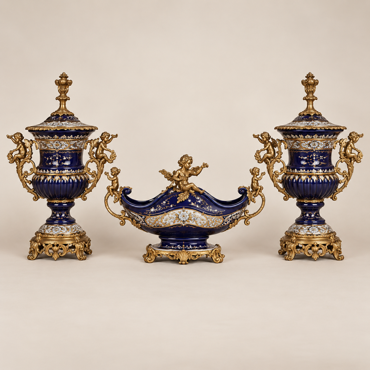 French-Style Cobalt Blue Porcelain Decorative Set – Two Ornate Vases & Gilded Centerpiece with Bronze Details