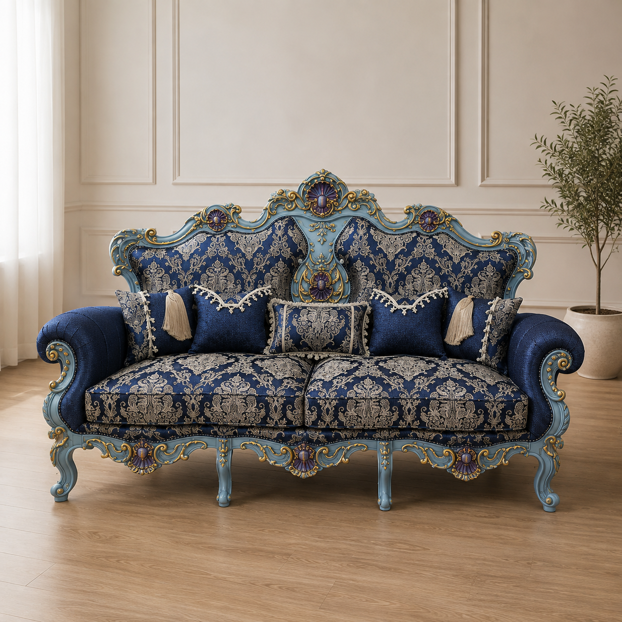 French Rococo Blue Damask Sofa – Grand 3-Seater Sofa with Hand-Gilded Celeste Frame & Ornate Carving