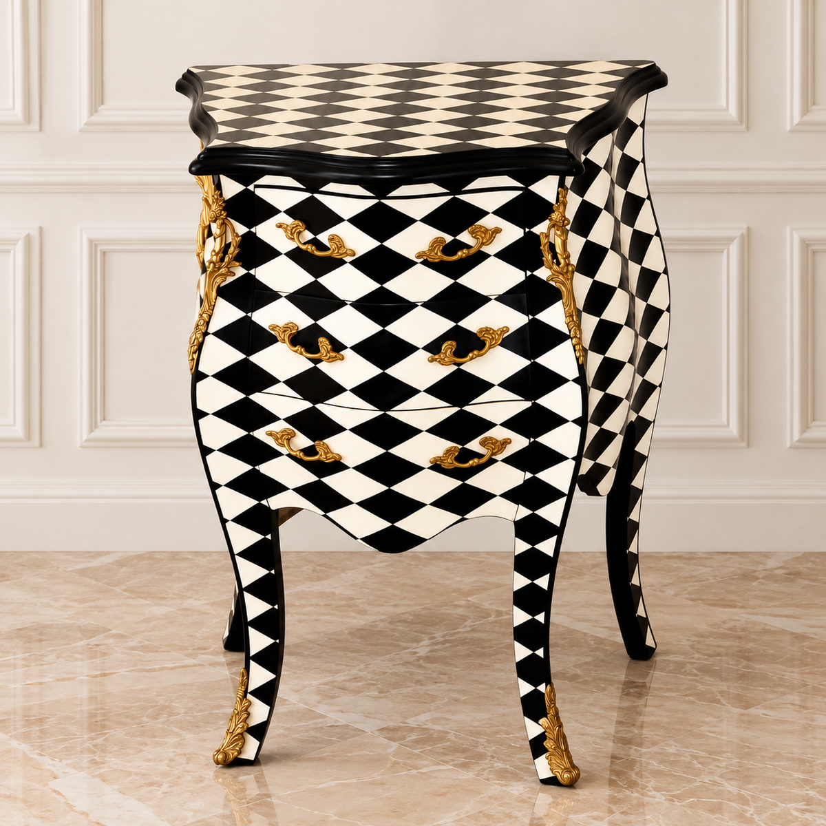 French-Style Harlequin Commode – Black & White Diamond Finish, 3 Drawers & Gold Leaf Details