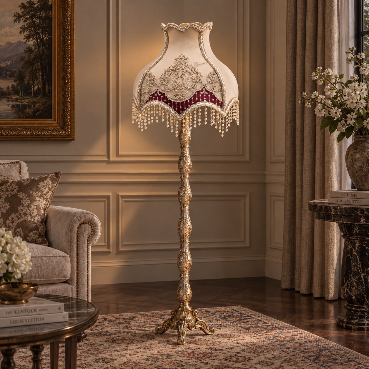 French-Style Gilded Floor Lamp – Ornate Gold Leaf Stand with Embroidered Burgundy & Ivory Shade