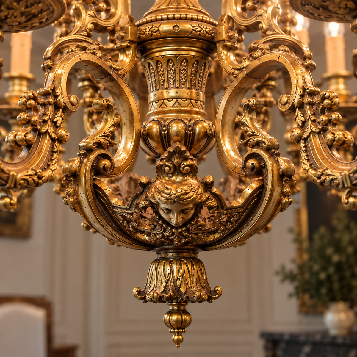 Grand French Rococo Chandelier – Ornate Bronze Frame with Gold Leaf & 10-Light Design