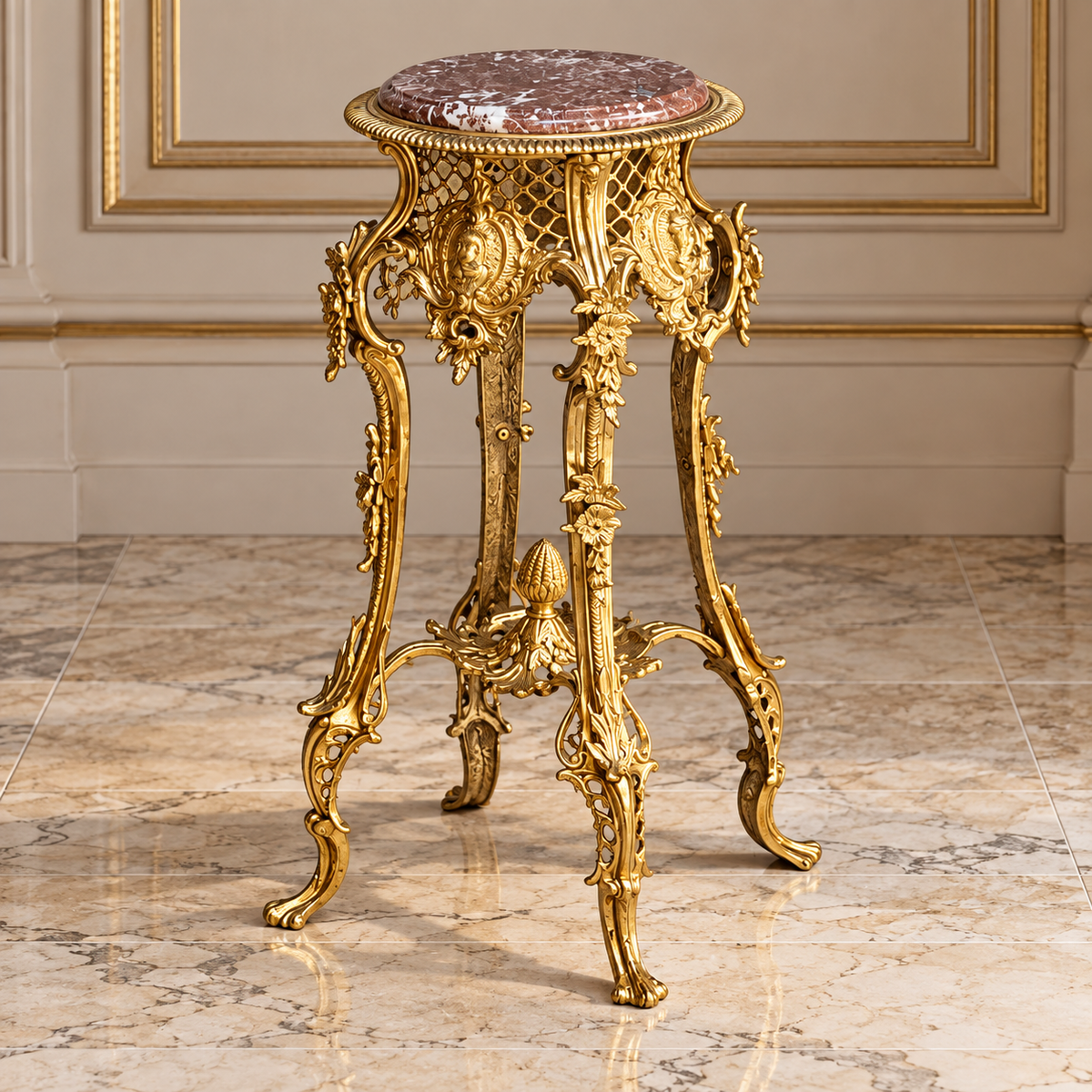 French Rococo-Style Marble Side Table – Slim Gilded Frame with Ornate Gold Leaf Details