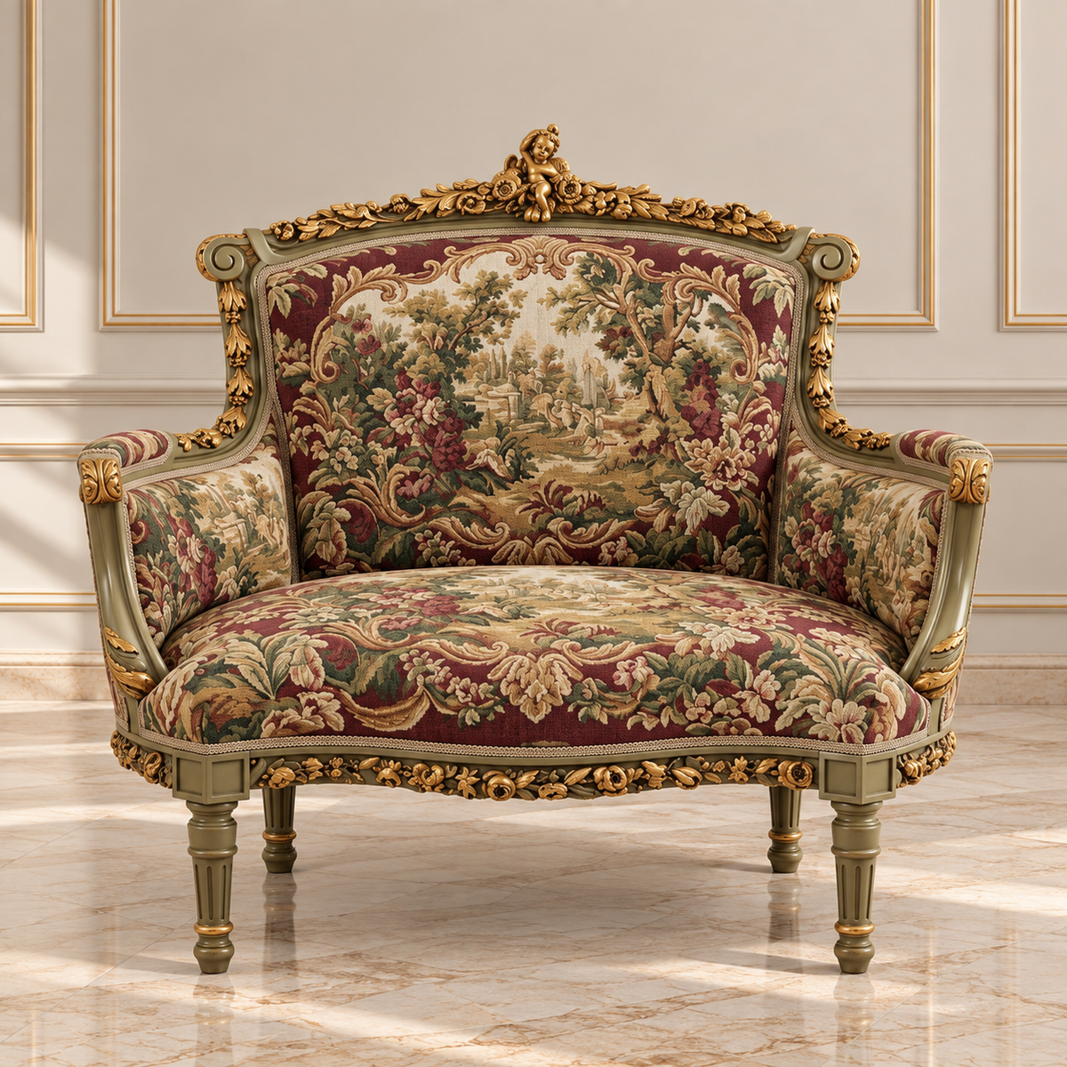 French Louis XVI Style Armchair – Floral Tapestry Upholstery & Ornate Gold Leaf Frame