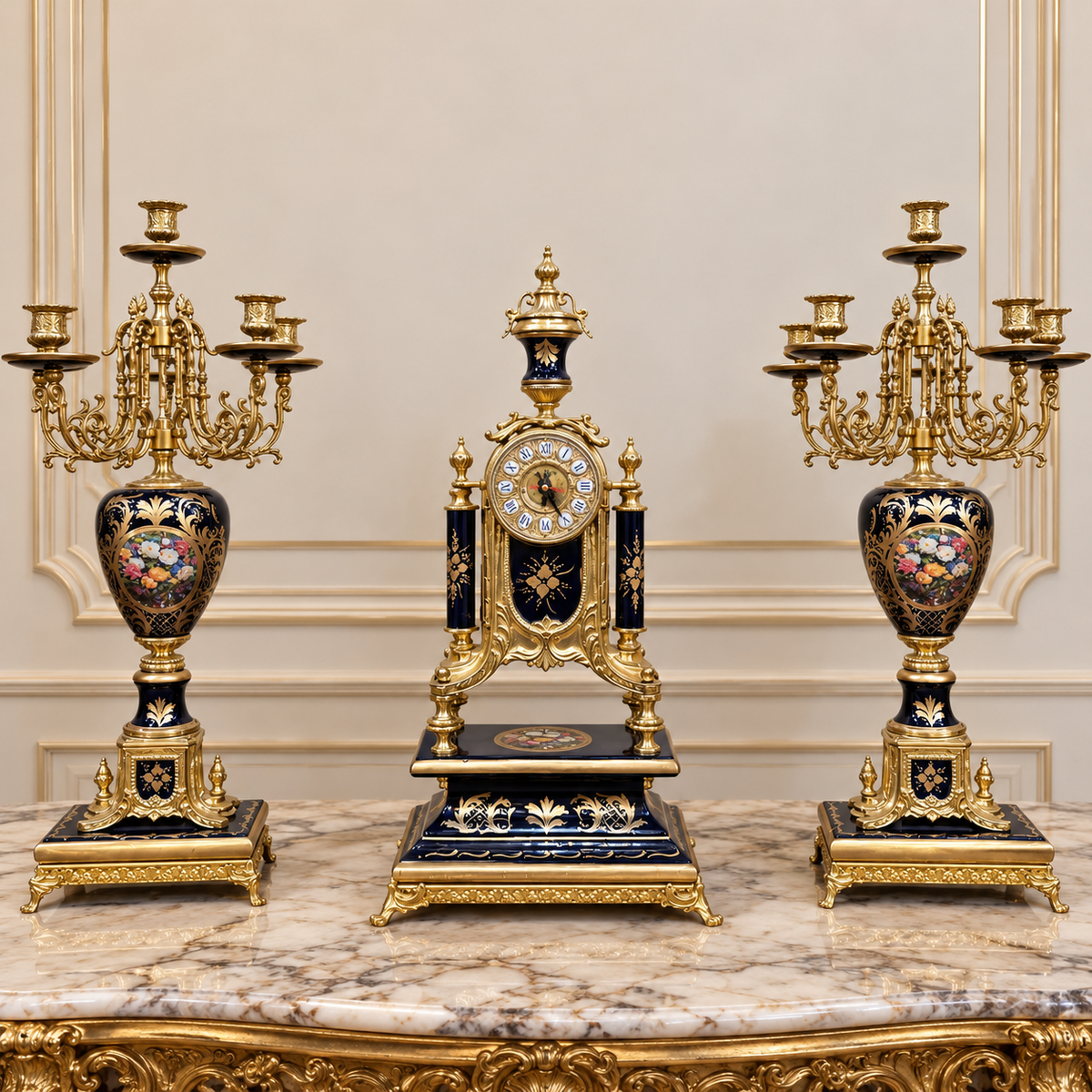 French-Style Porcelain Clock & Candelabra Set – Gilded Bronze, Gold Leaf & Cobalt Blue Details
