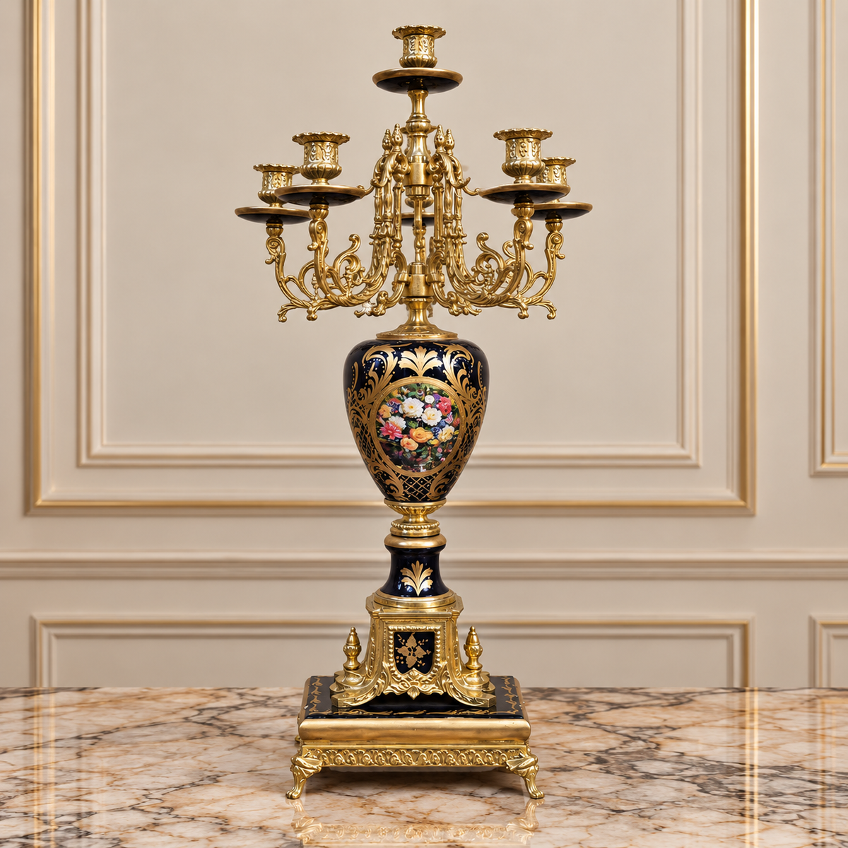 French-Style Porcelain Clock & Candelabra Set – Gilded Bronze, Gold Leaf & Cobalt Blue Details