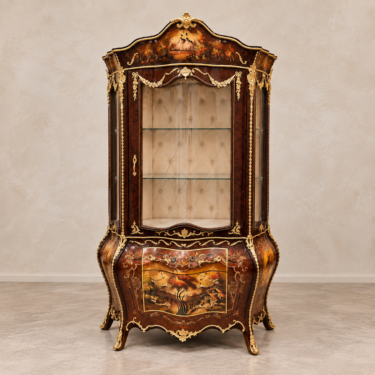 Grand French-Style Vitrine Cabinet – Hand-Finished Wood, Velvet Interior, Gold Leaf & Bronze Details