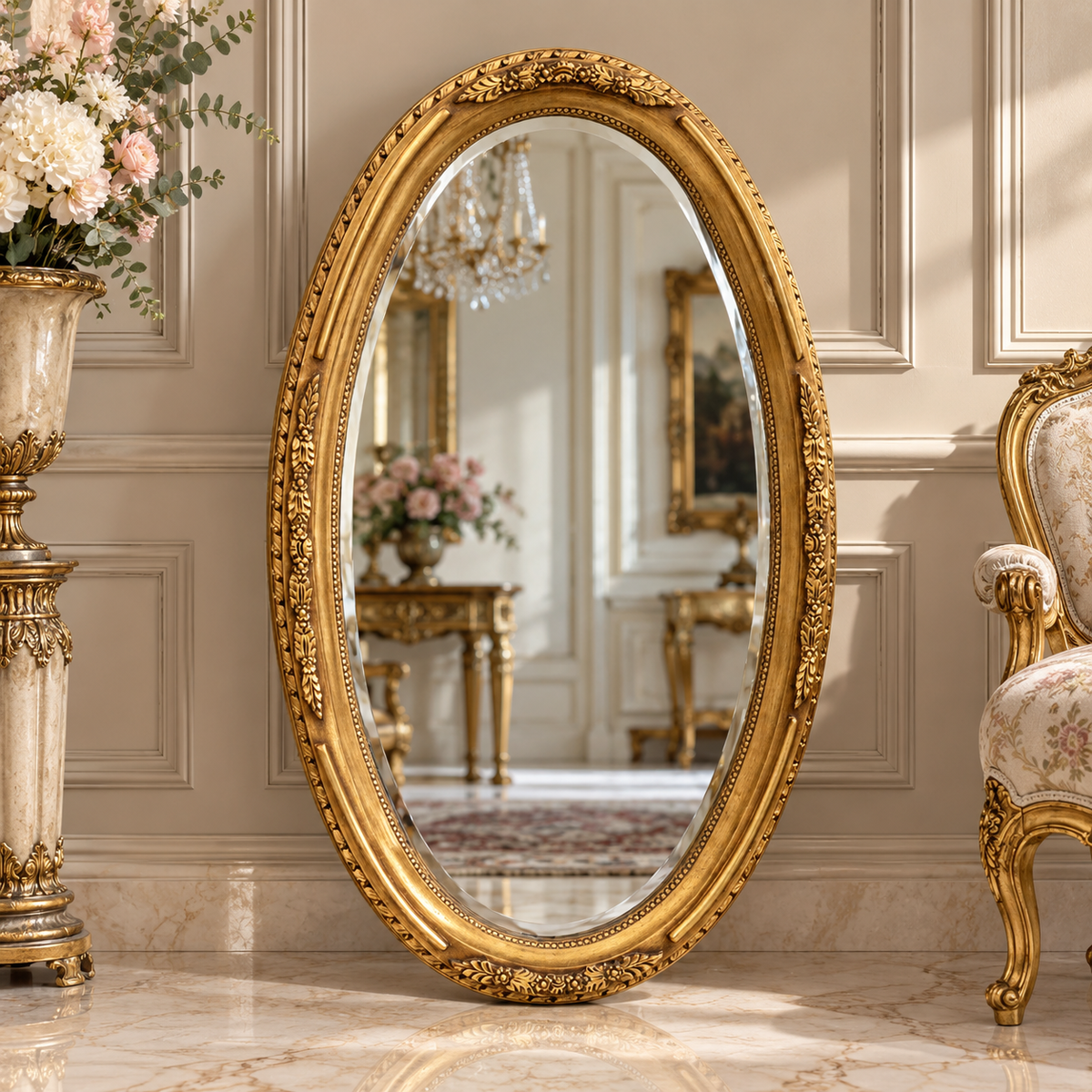 French-Style Oval Wall Mirror – Ornate Gold Leaf Frame with Floral Center Ornament