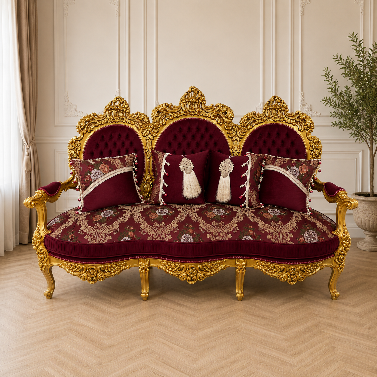 French Baroque Style Burgundy Velvet Settee – Ornate Gold Leaf Frame with Decorative Pillows