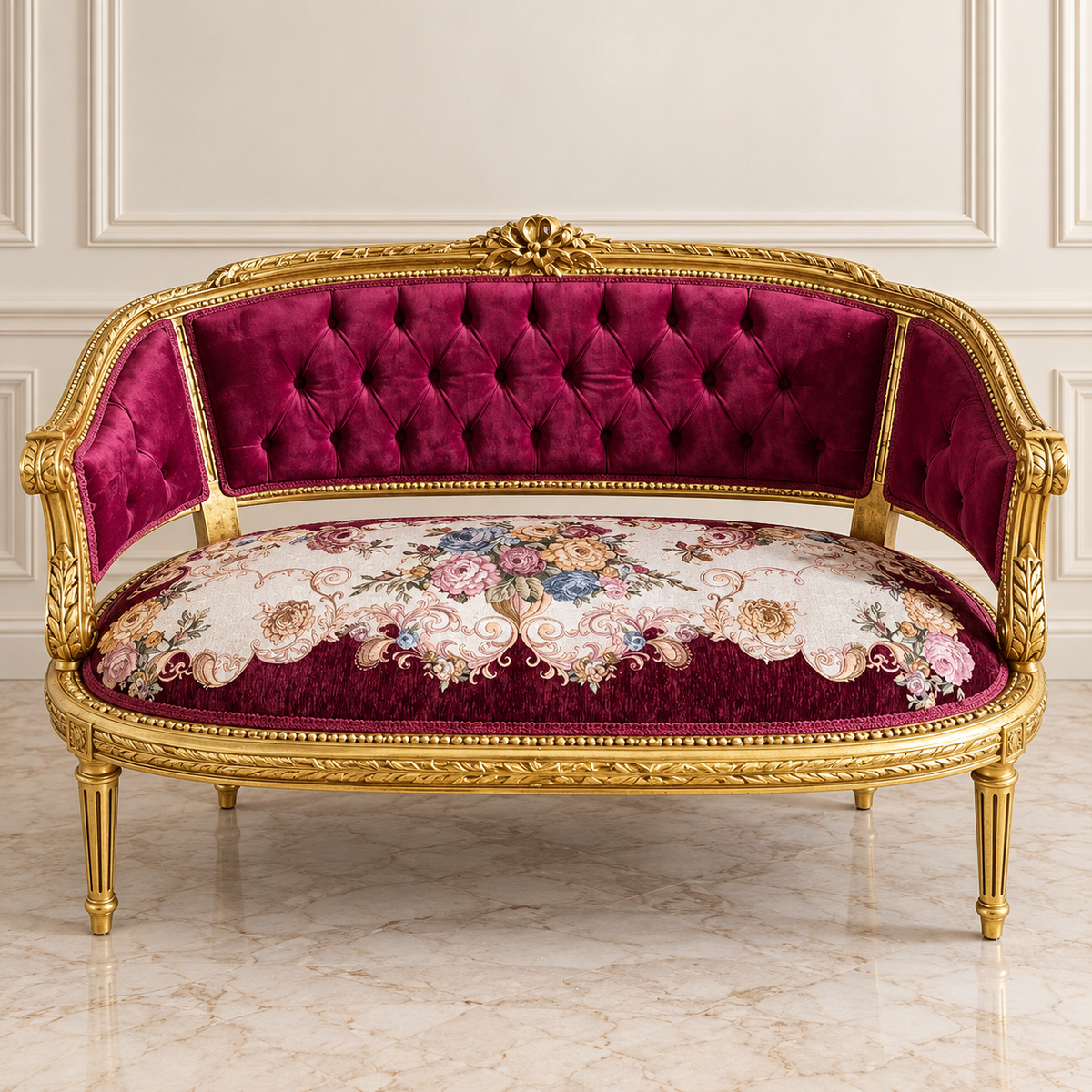 French Louis XVI Style Sofa – Burgundy Tufted Velvet, Floral Upholstery & Ornate Gold Leaf Frame