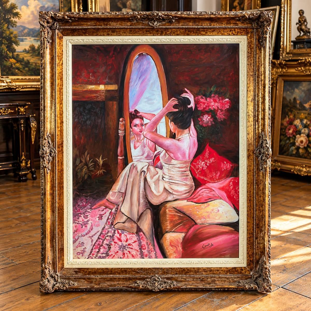 Romantic Woman at the Mirror Wall Art – Elegant Feminine Portrait with Ornate Gold Leaf Wood Frame
