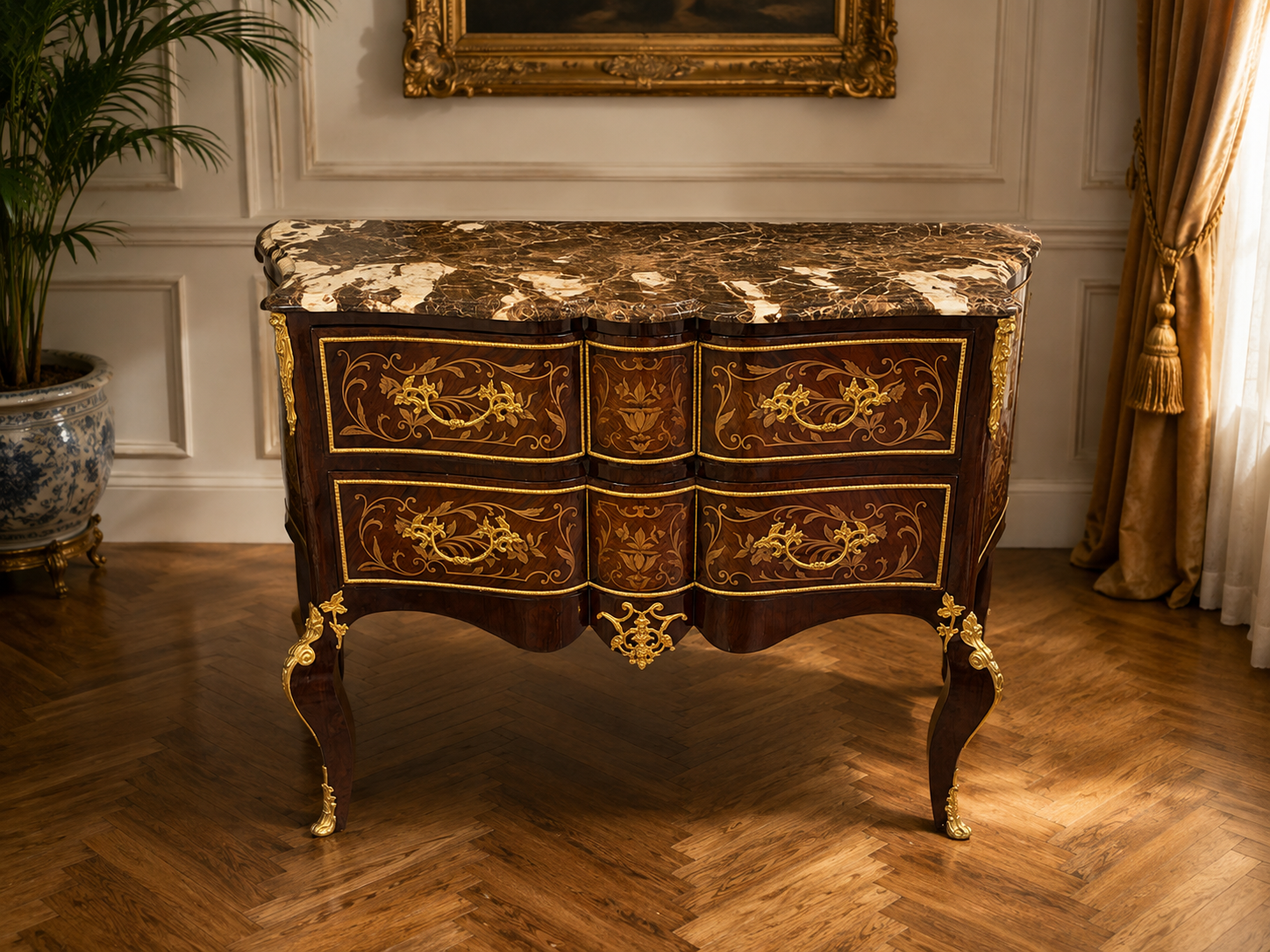 French Louis XV Commode – Marble Top Chest of Drawers with Gold Leaf Details & Marquetry