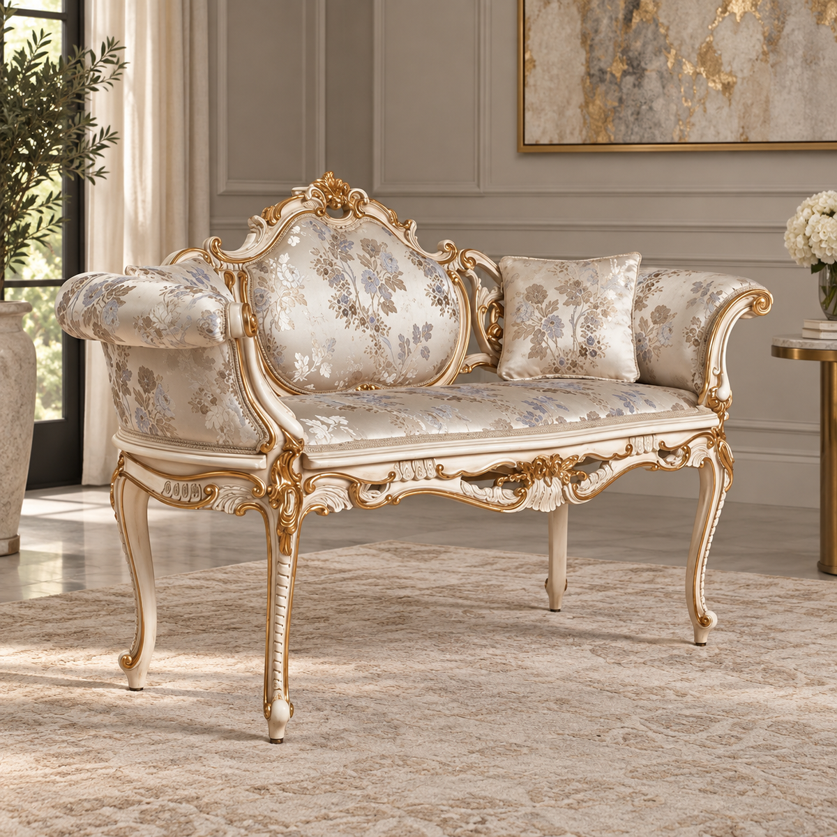 French Rococo Style Settee – Cream Floral Upholstery with Gold Leaf Carved Frame & 2 Pillows