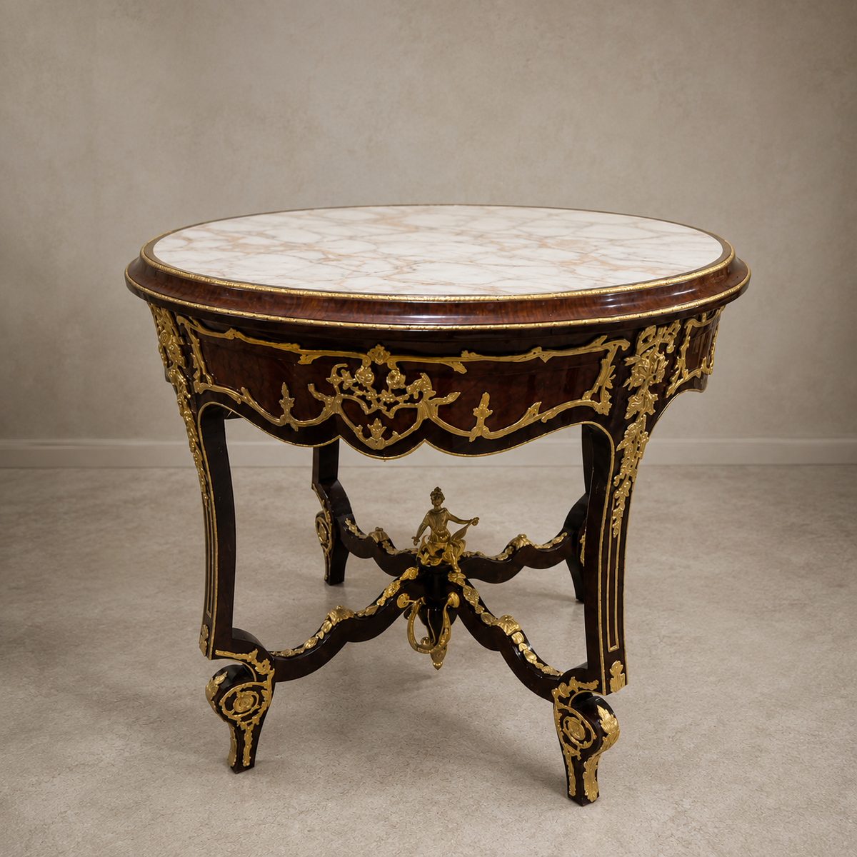 Elegant Italian Victorian Center Table – Gold Leaf Wood Base with Glass Top & Marble Look Design