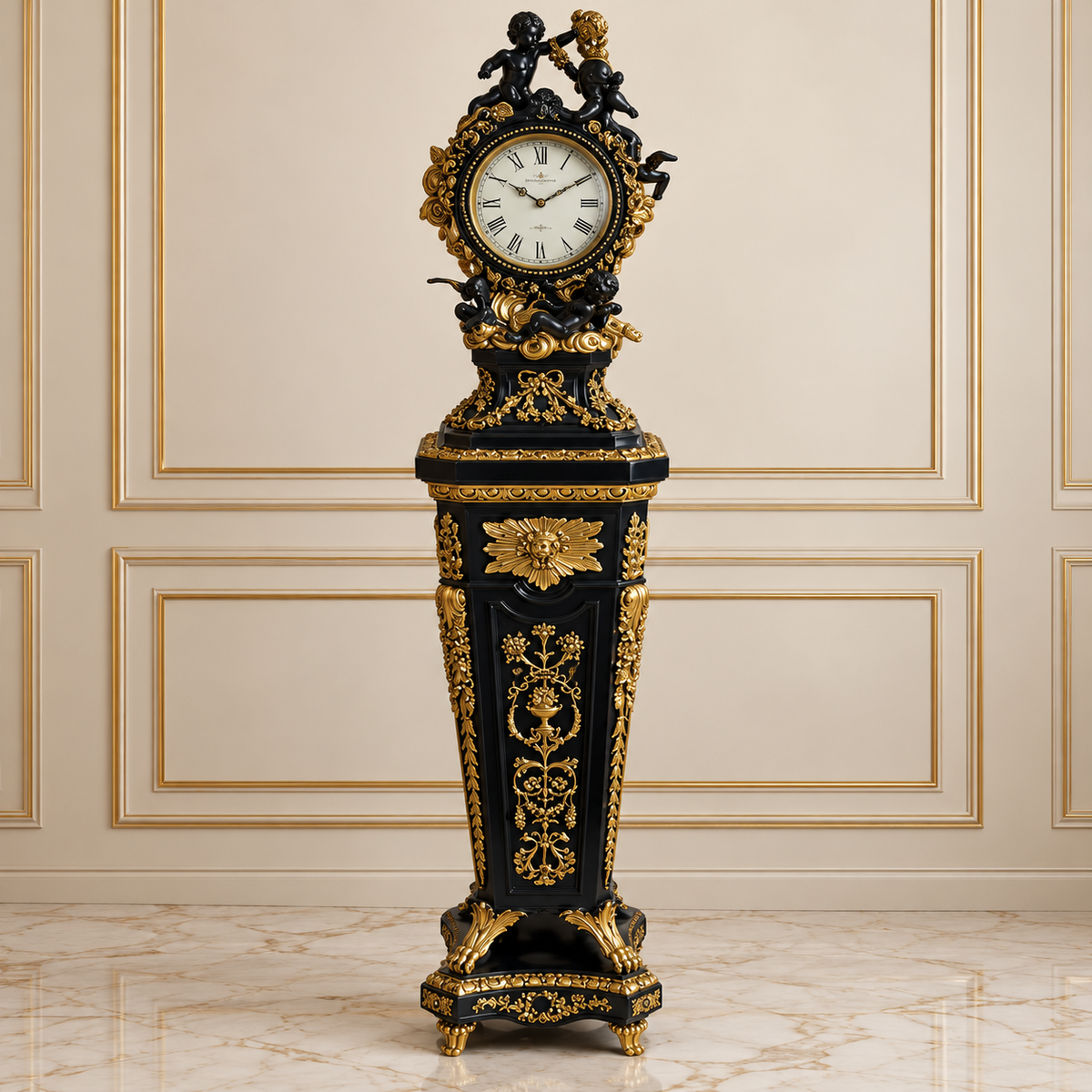 Grand French Louis XVI-Inspired Pedestal Clock – Black Finish with Gold Leaf, Bronze Details & Sculpted Cherub Crest