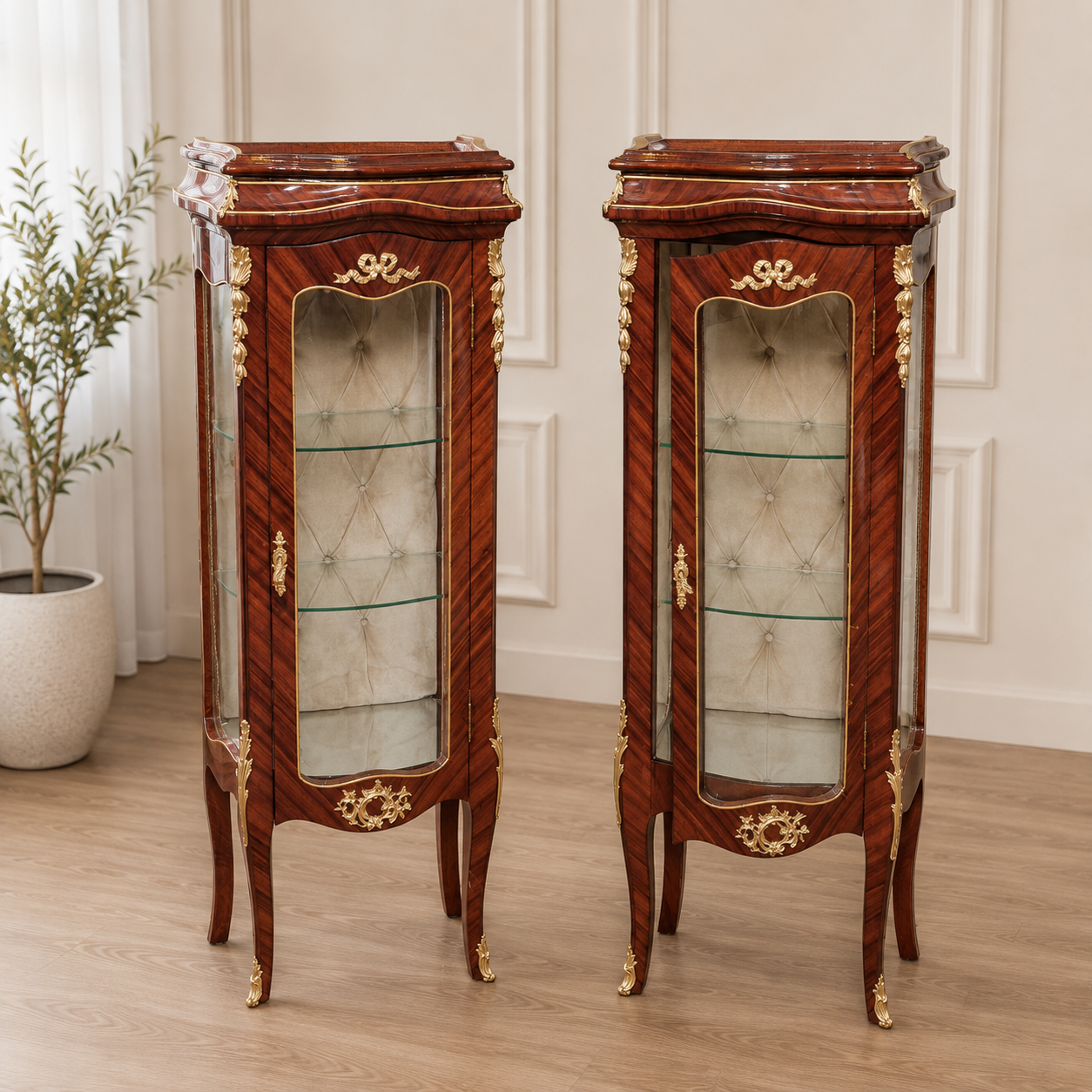 French Louis XV Bombe Vitrine Cabinet – Small Ornate Wood Display Case with Glass Panels & Gold Leaf Details