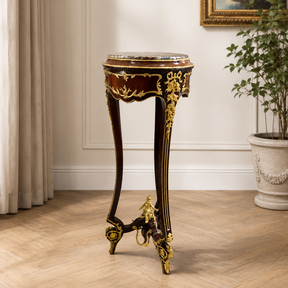 French Style Petite Side Table – Marble Top with Gold Leaf Ormolu Details