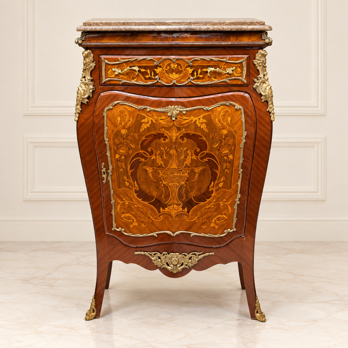 French Louis XVI-Inspired Commode – Elegant Marquetry Cabinet with Marble Top & Gilded Gold Leaf Details
