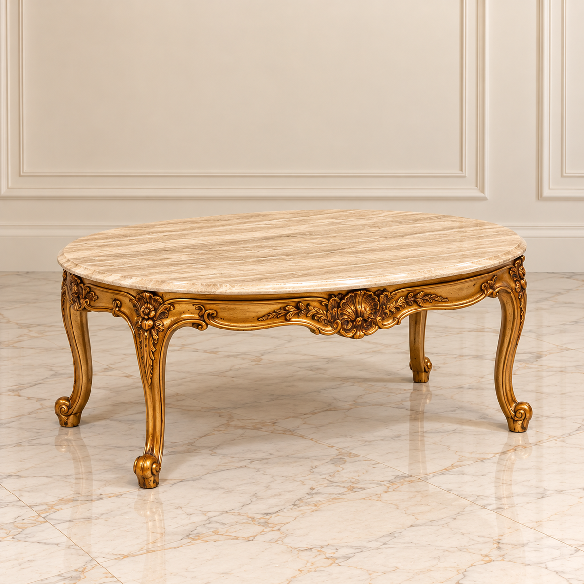 French-Style Marble Top Coffee Table – Ornate Gold Leaf Frame with Carved Floral Details