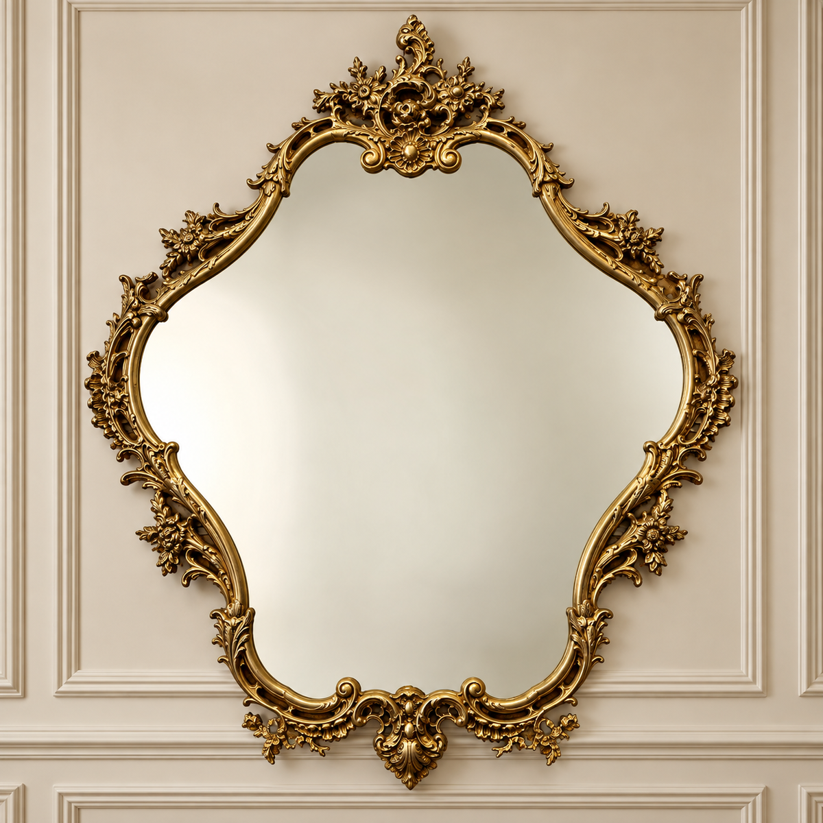 French Rococo-Inspired Gilded Wall Mirror – Ornate Gold Leaf Frame with Floral Details