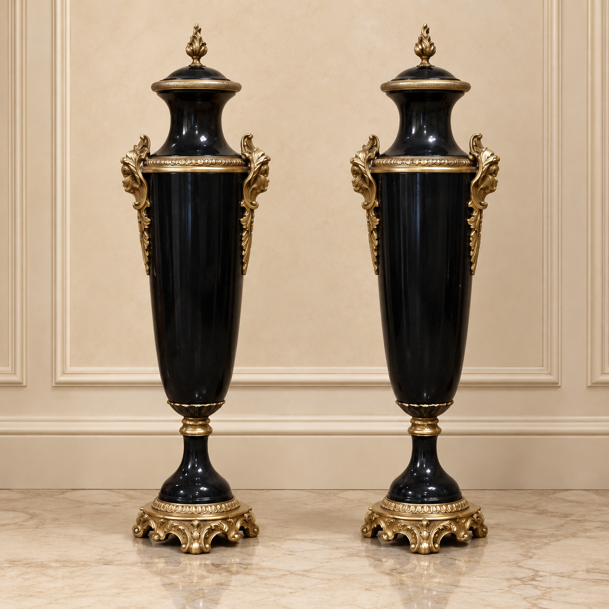 Set of 2 French Empire Style Black Decorative Urns with Gilded Bronze Foliate Mounts and Ornate Bases