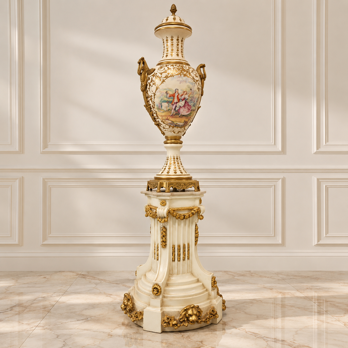 French-Style Porcelain Vase & Pedestal Set – Gold Leaf, Bronze Details & Romantic Scenic Panel