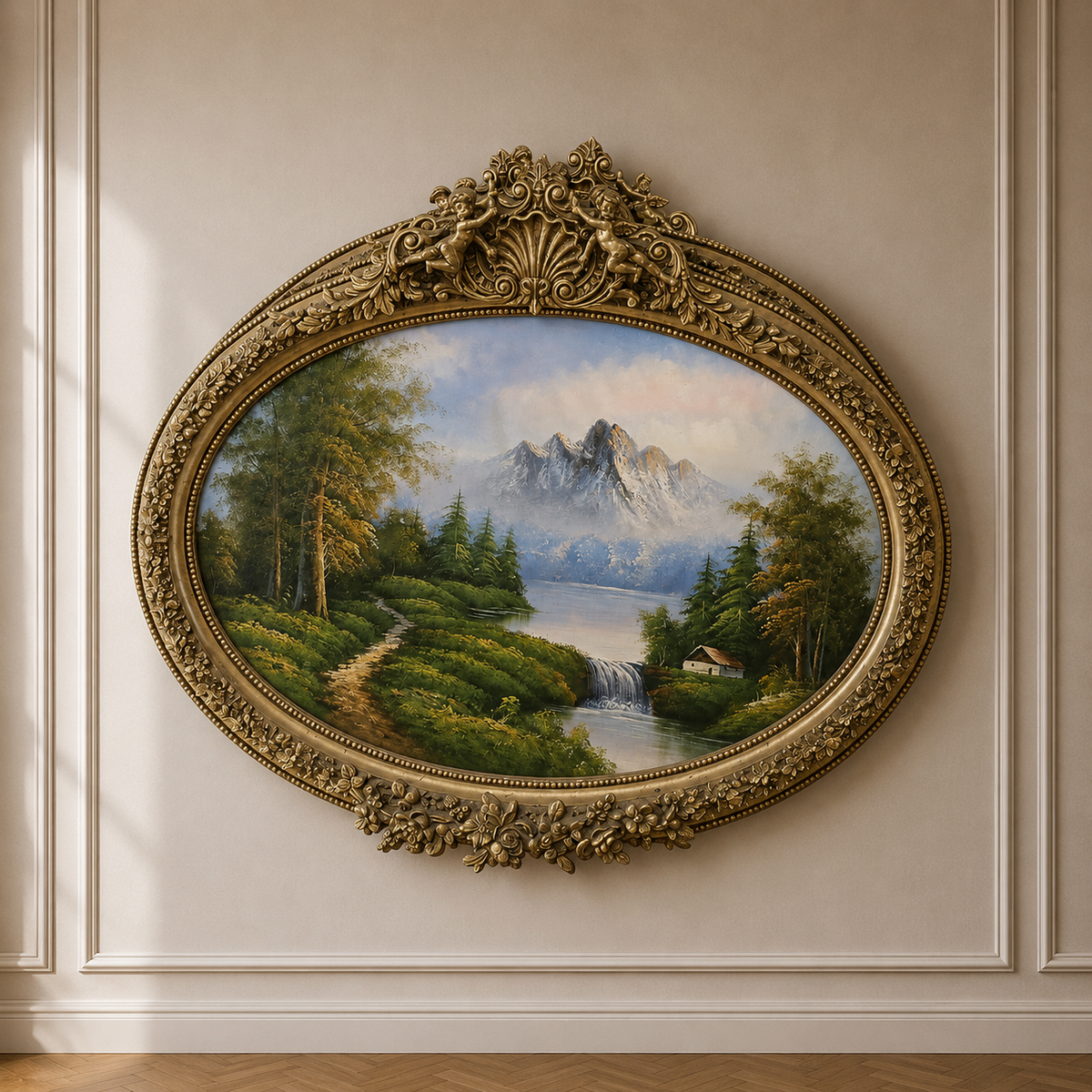 French-Style Oval Landscape Painting with Gold Leaf Frame & Cherub Details – Elegant Nature Wall Art